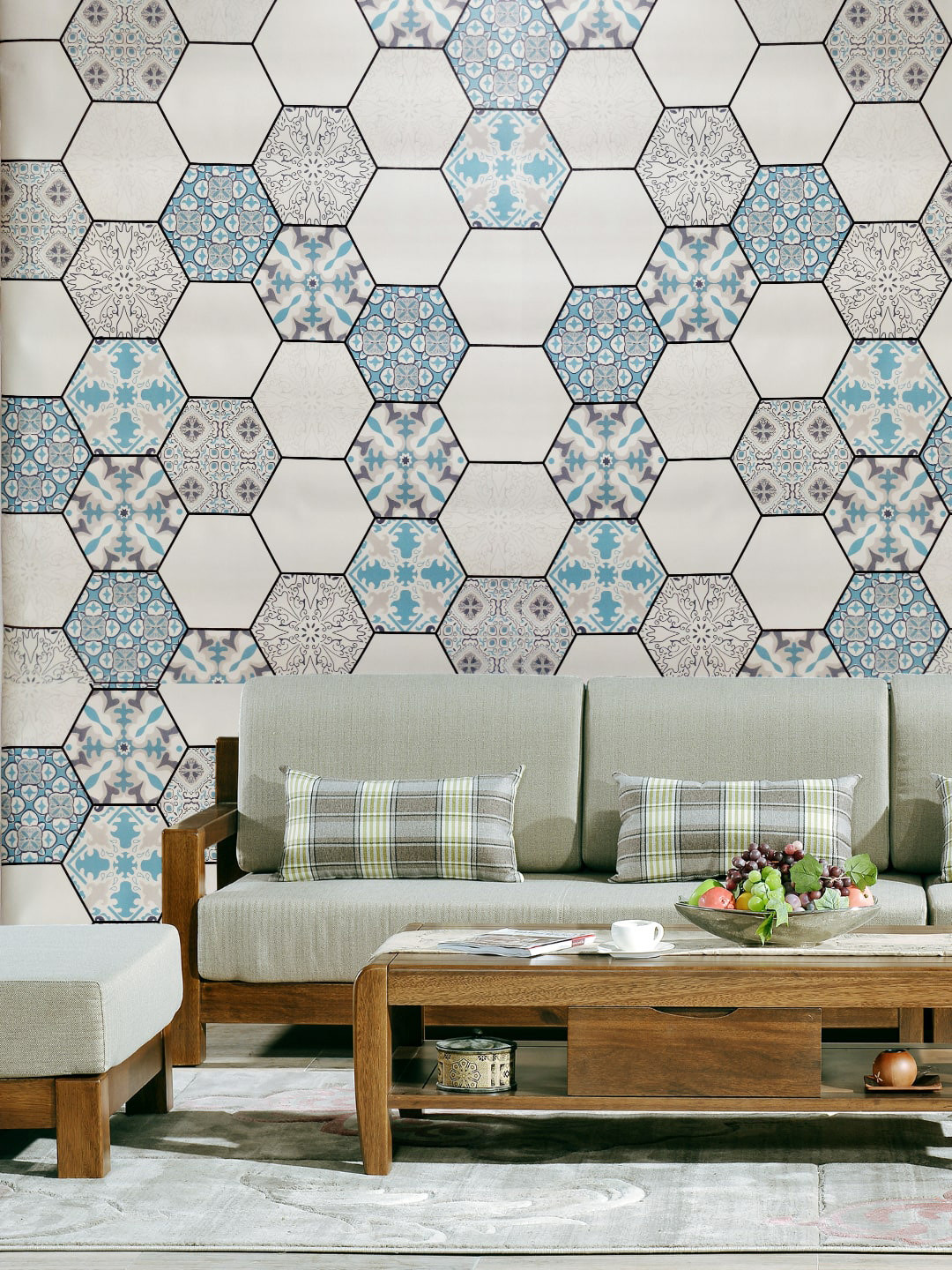 Jaamso Royals White & Blue Mosiac Design Self Adhesive & Waterproof Wallpaper
