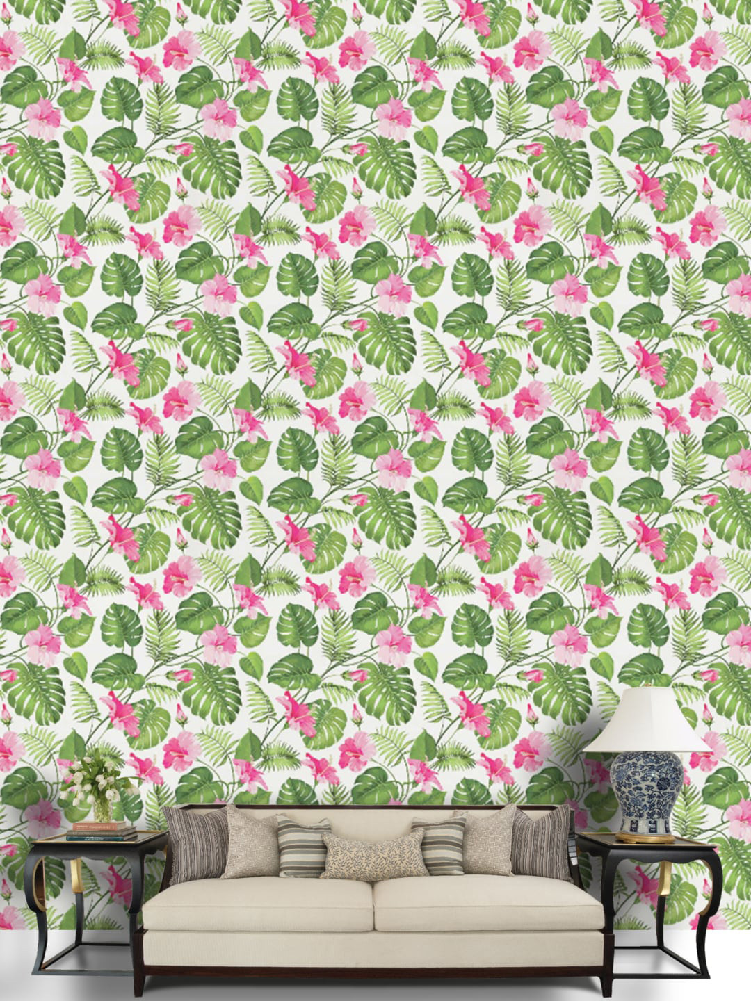 Jaamso Royals Green & Pink Floral Leaves Design Self Adhesive & Waterproof Wallpaper