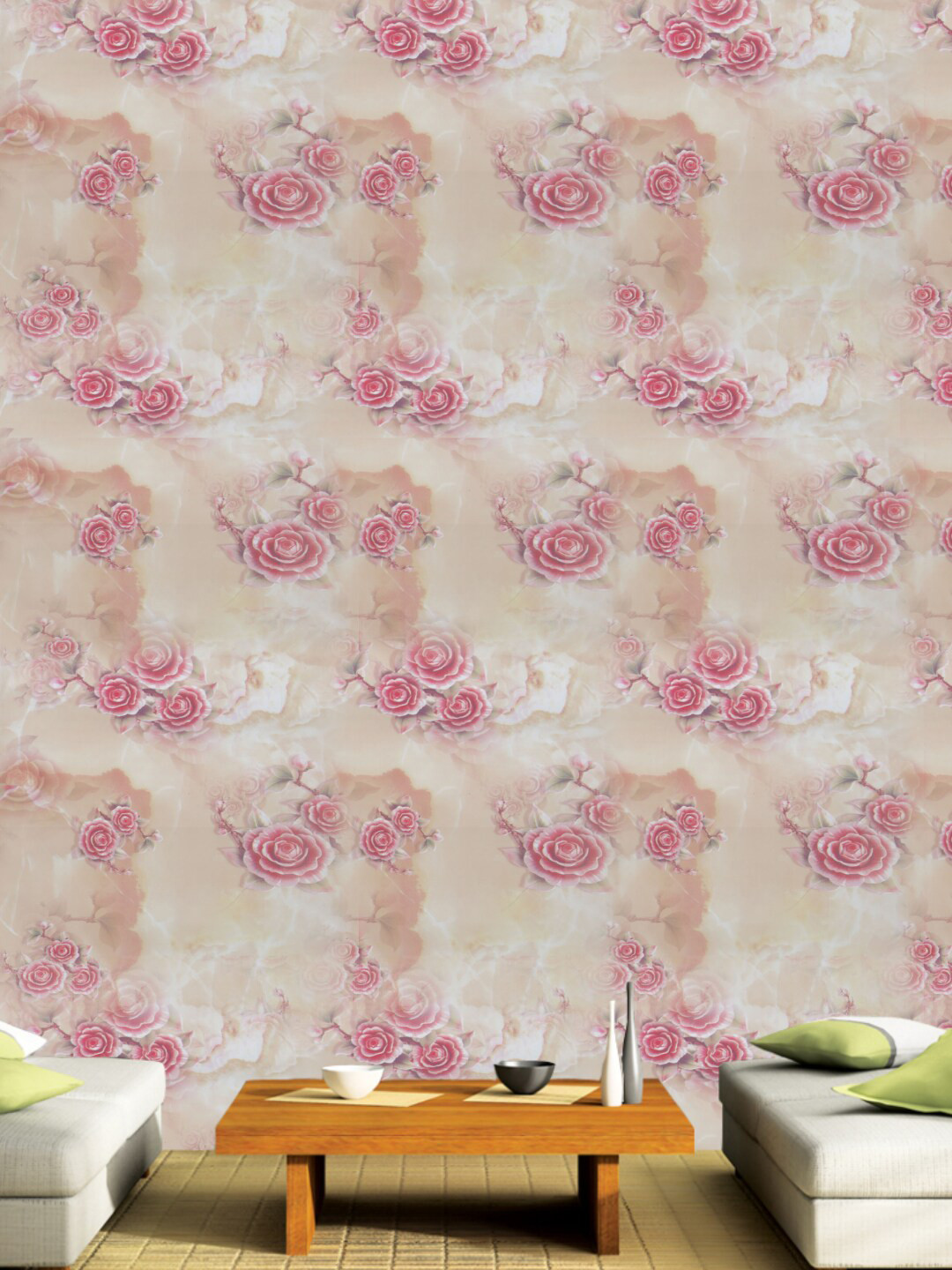 Jaamso Royals Cream & Pink Floral Design Self Adhesive & Waterproof Wallpaper