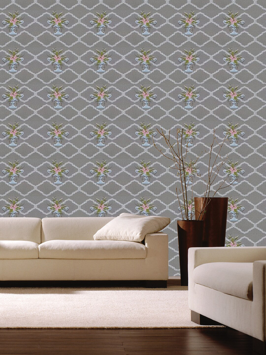 Jaamso Royals Grey & Pink Floral Design Self Adhesive & Waterproof Wallpaper