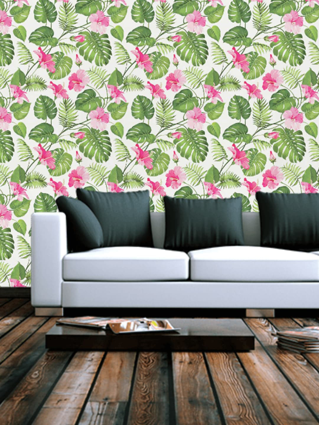 Jaamso Royals Green & Pink Flower and Leaves Self Adhesive Peel And Stick Wallpaper