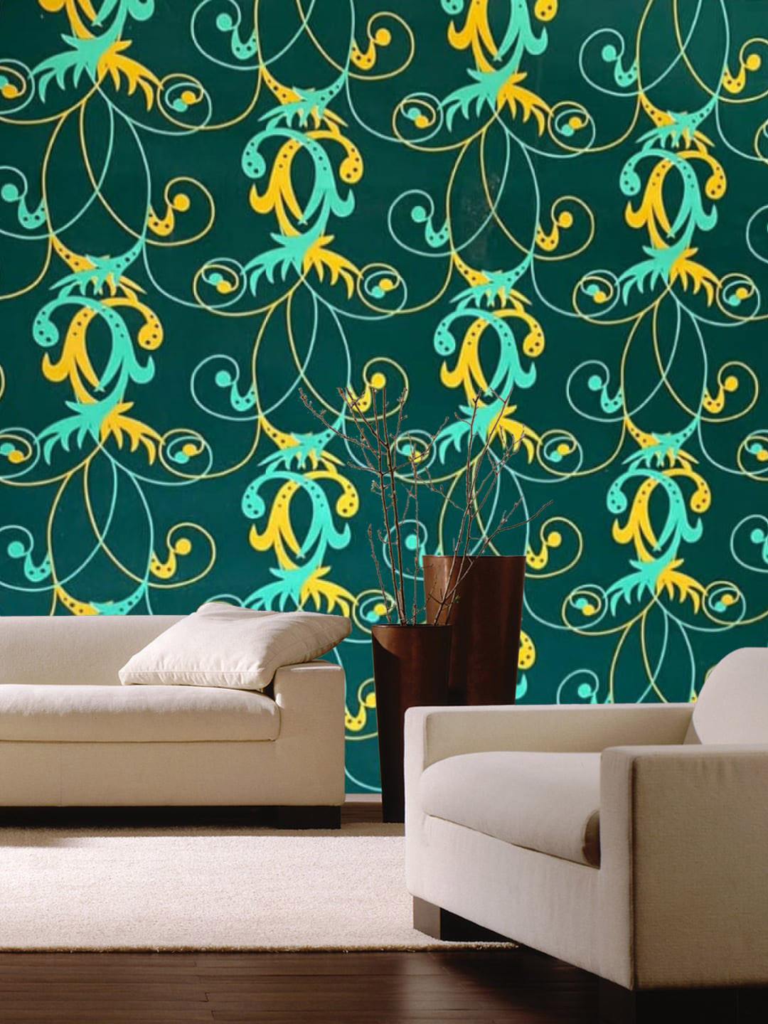 Jaamso Royals Green & Yellow Printed Self Adhesive Peel and Stick Wallpaper