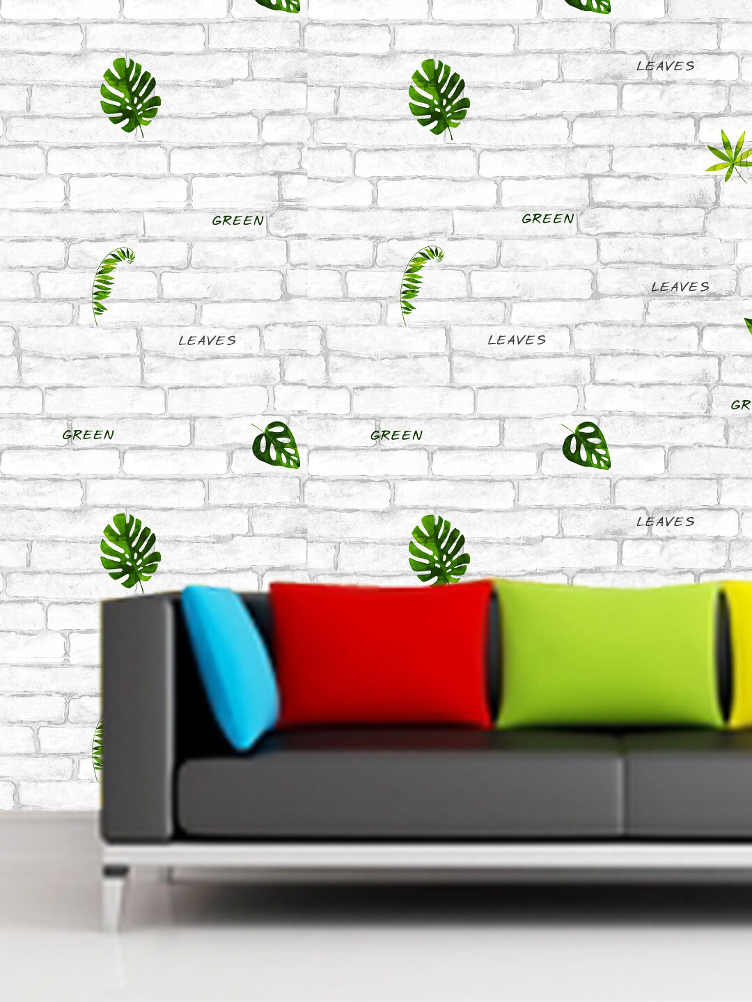 Jaamso Royals White &  Green Leaves & Bricks Design  Self Adhesive & Waterproof Wallpaper