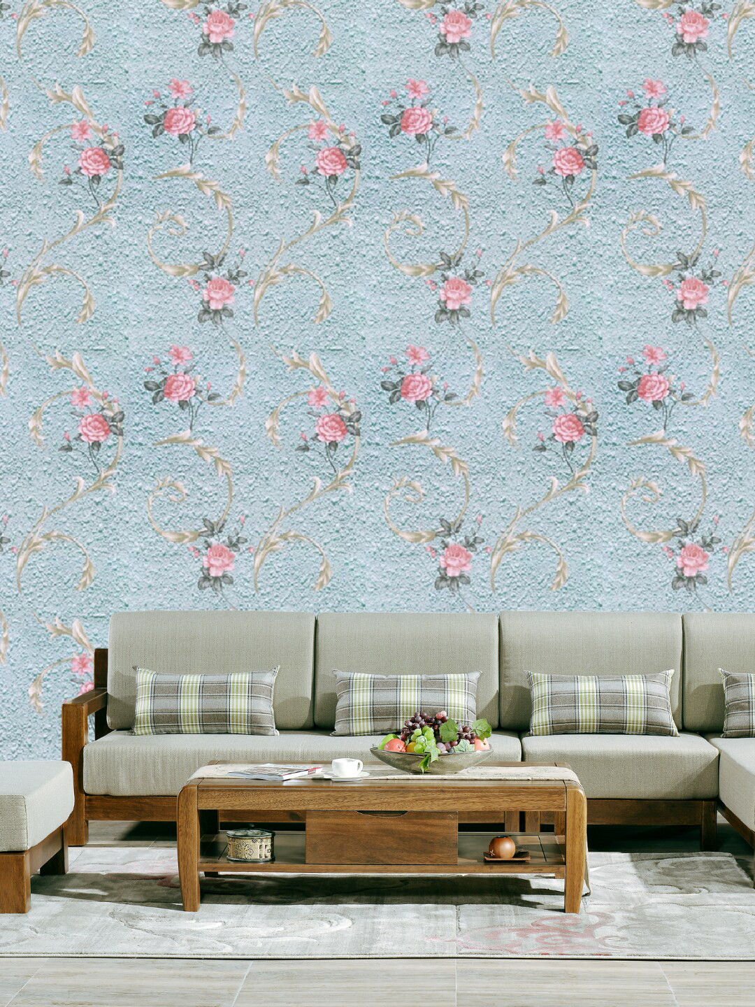Jaamso Royals Light Blue & Pink Floral Self Adhesive & Waterproof Wallpaper