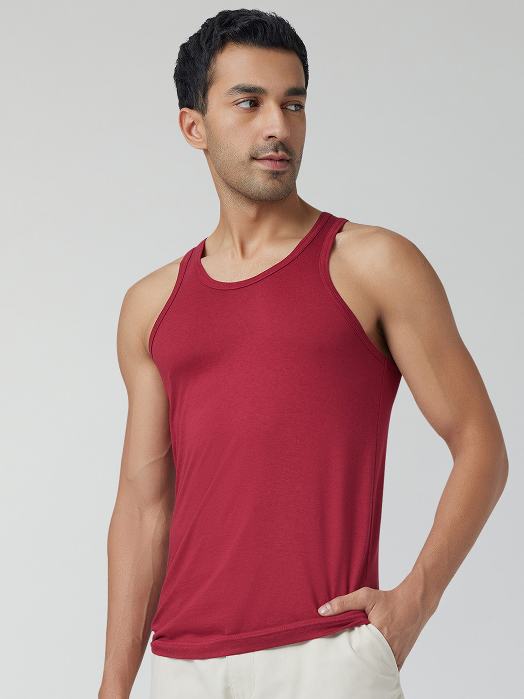 XYXX Men Solid ACE Cotton Modal Red Round Neck Innerwear Vest