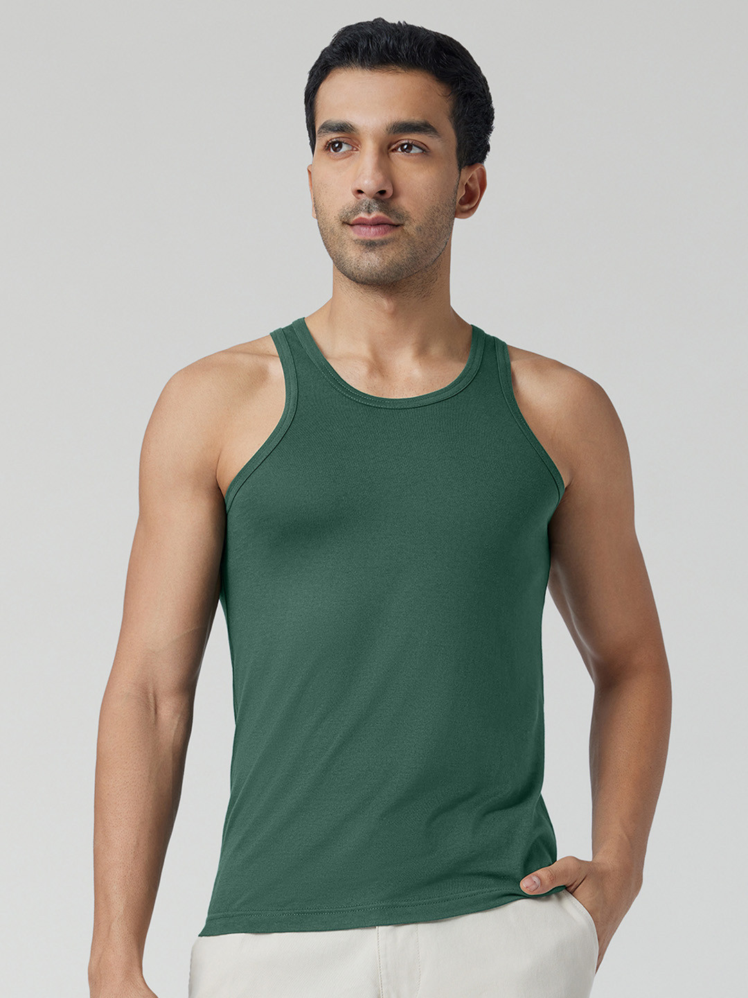 XYXX Men Solid ACE Cotton Modal Green Round Neck Innerwear Vest