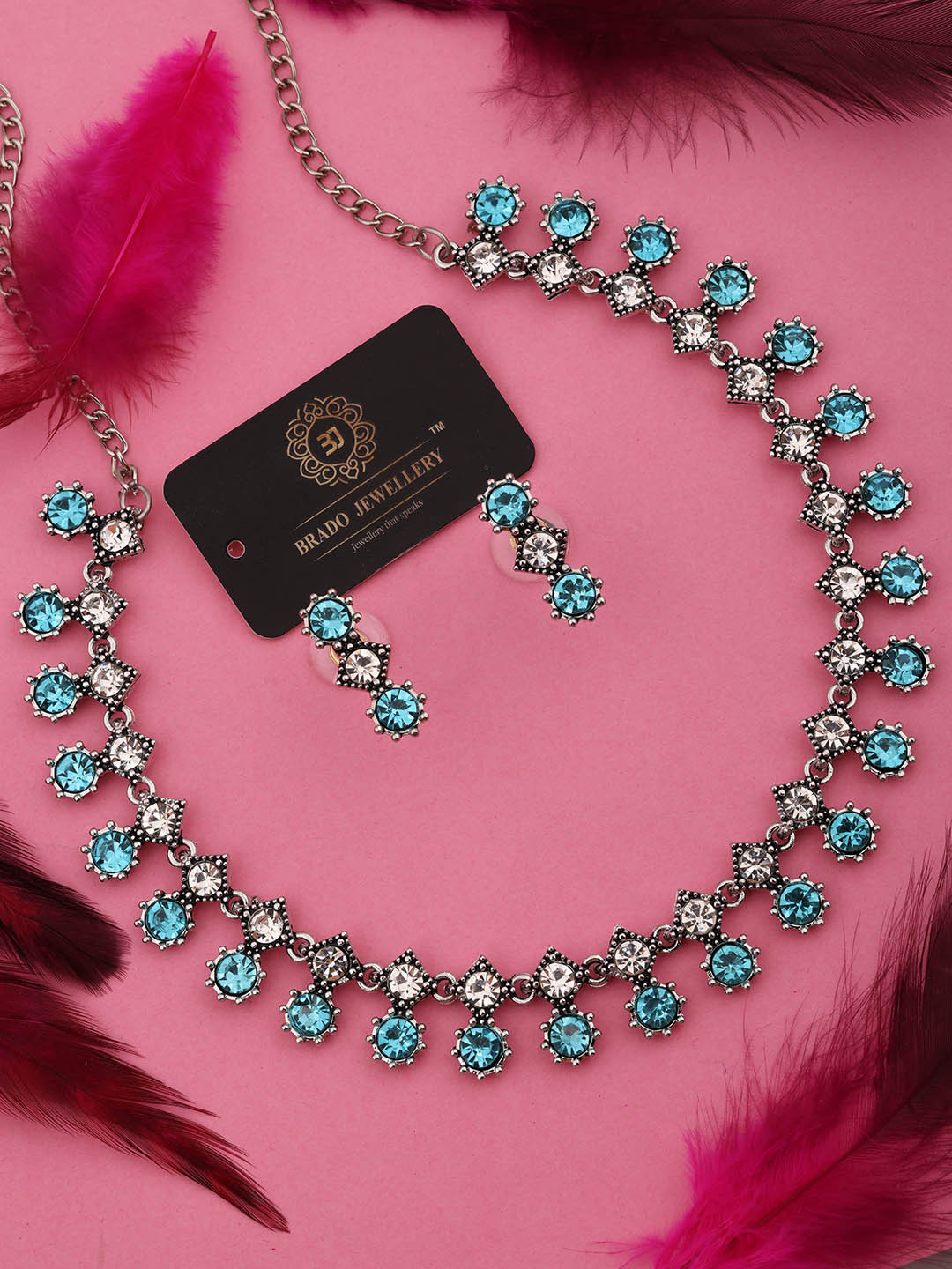 Brado Jewellery Silver-Plated Stone-Studded Necklace & Earrings Set