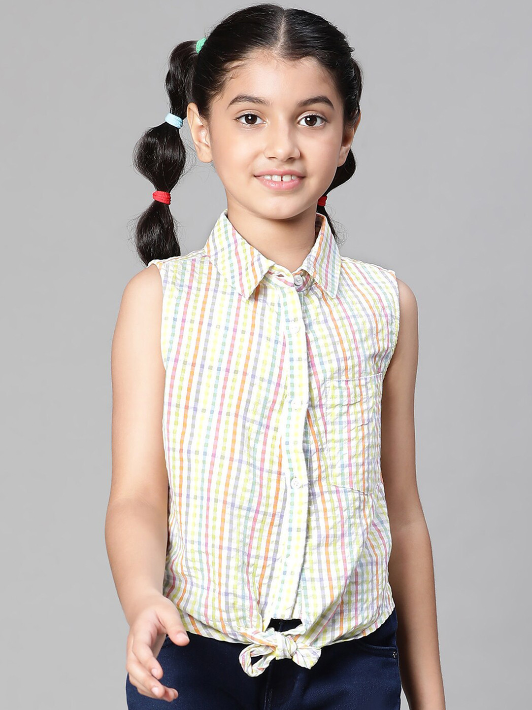 Oxolloxo Girls Check Print Collared Tie-Up Cotton Shirt