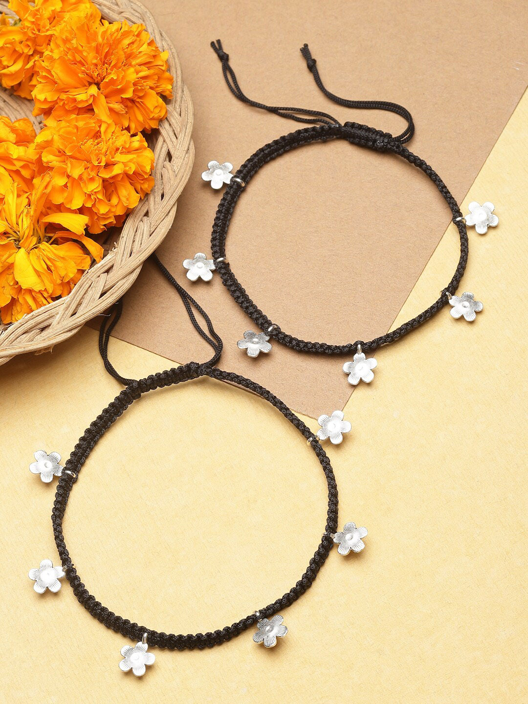 Sanjog Set Of 2 German Silver-Plated Beaded Floral Charm Oxidized Thread Anklet