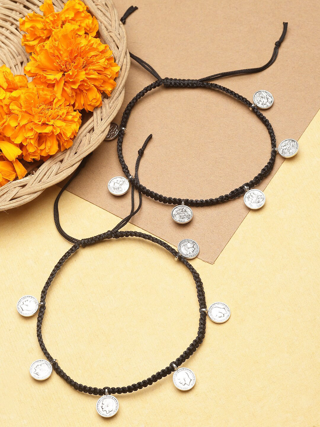 Sanjog Set Of 2 German Silver-Plated Beaded Coin Charm Oxidized Thread Anklet