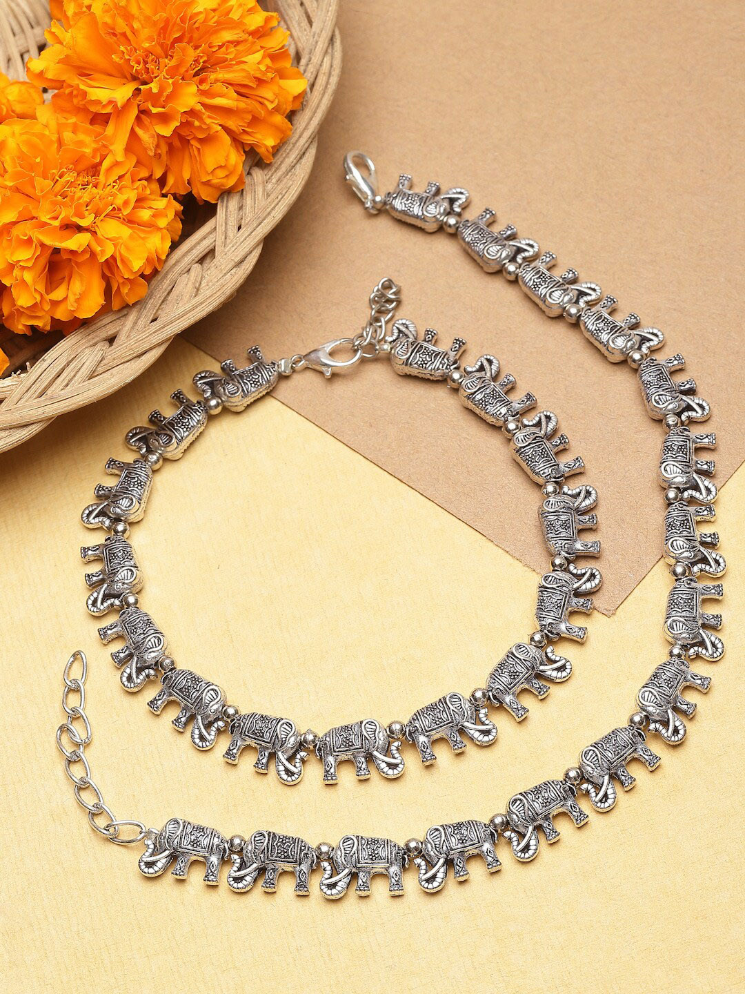 Sanjog Set Of 2 German Silver-Plated Beaded Elephant Charm Oxidized Tribal Anklet