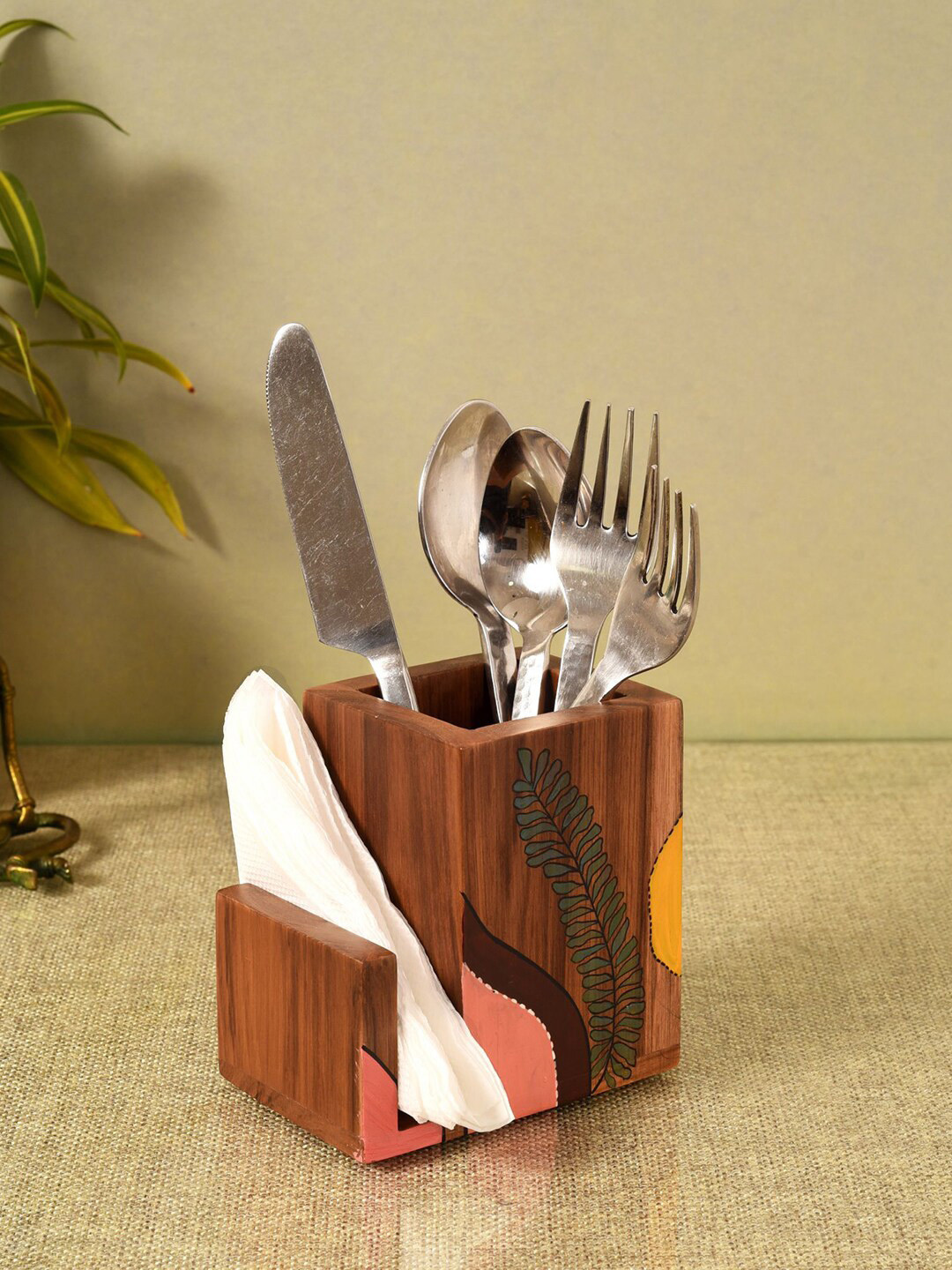AAKRITI ART CREATIONS Brown Small Teak Leaves Cutlery Holder