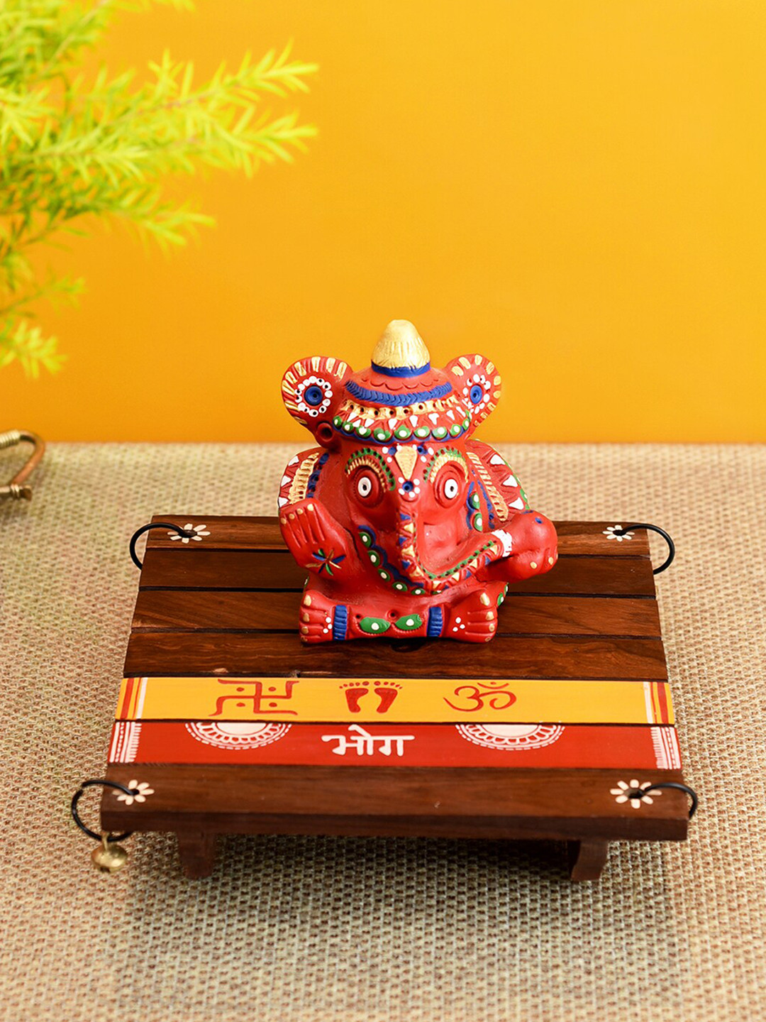 AAKRITI ART CREATIONS Red & Brown Printed Wood Square Pooja & Bhog Chowki