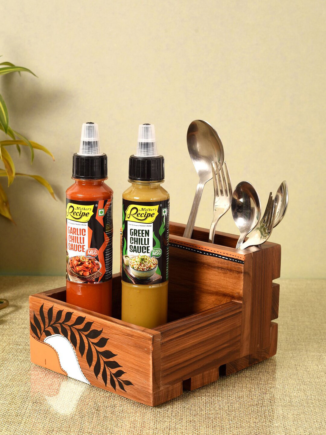 AAKRITI ART CREATIONS Brown Large Teak Leaves Cutlery Holder