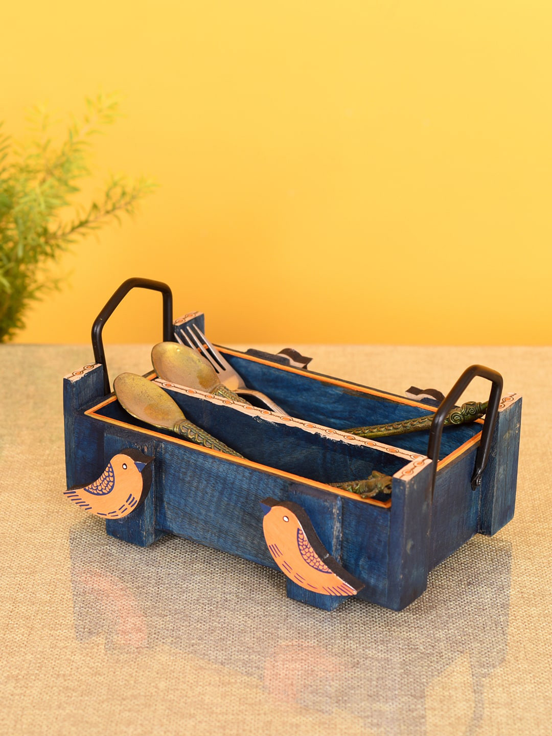 AAKRITI ART CREATIONS Blue Love Birds Cutlery Storage Box