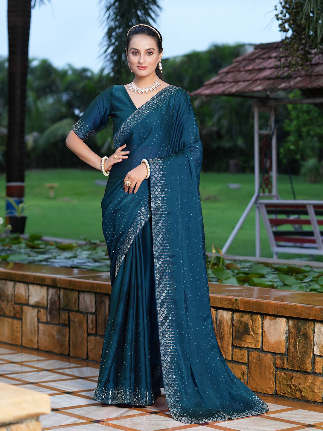Satrani Navy Blue & Silver-Toned Beads and Stones Embellished Saree