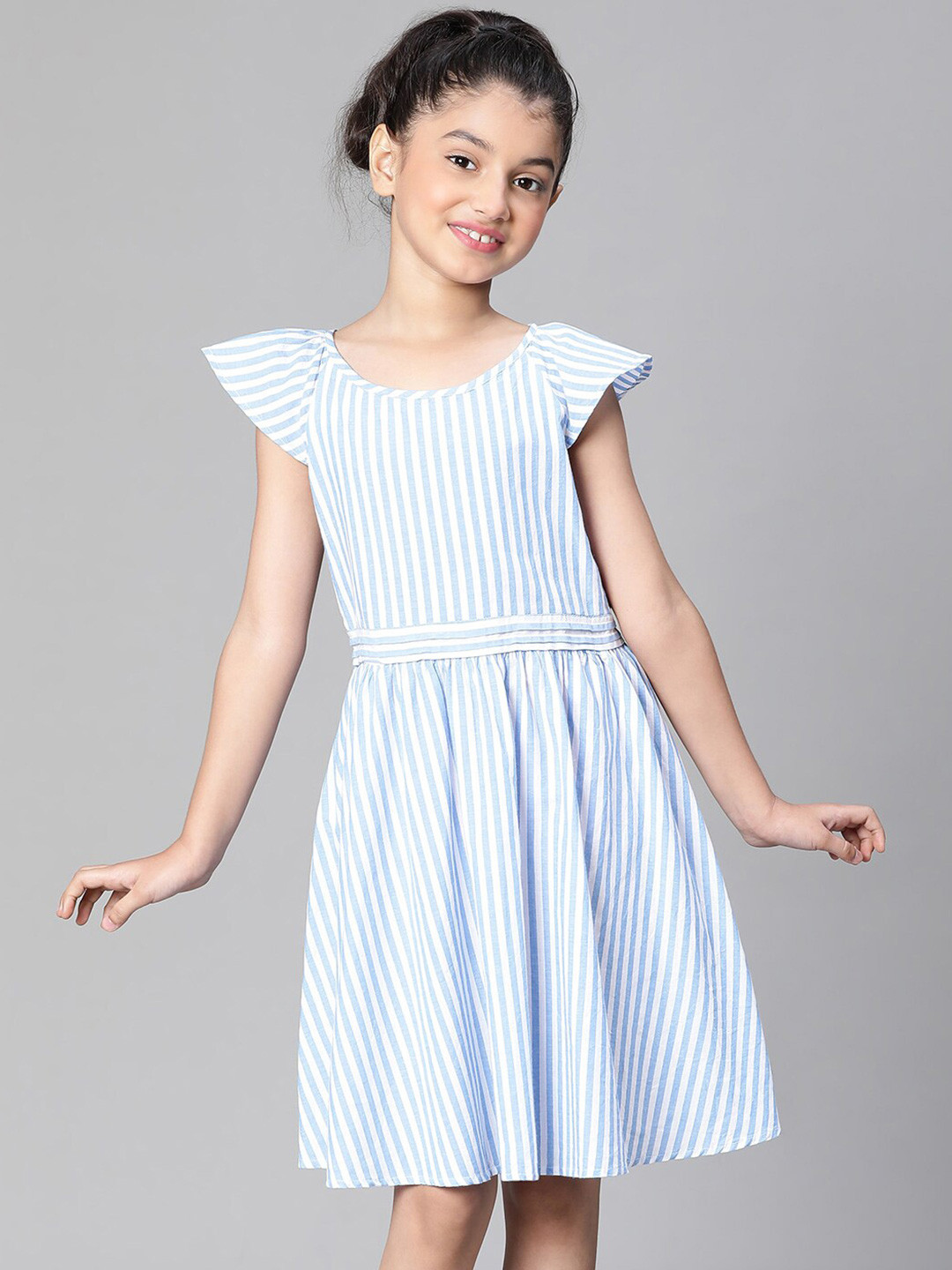 Oxolloxo Girls Striped Print Round Neck Cotton Dress