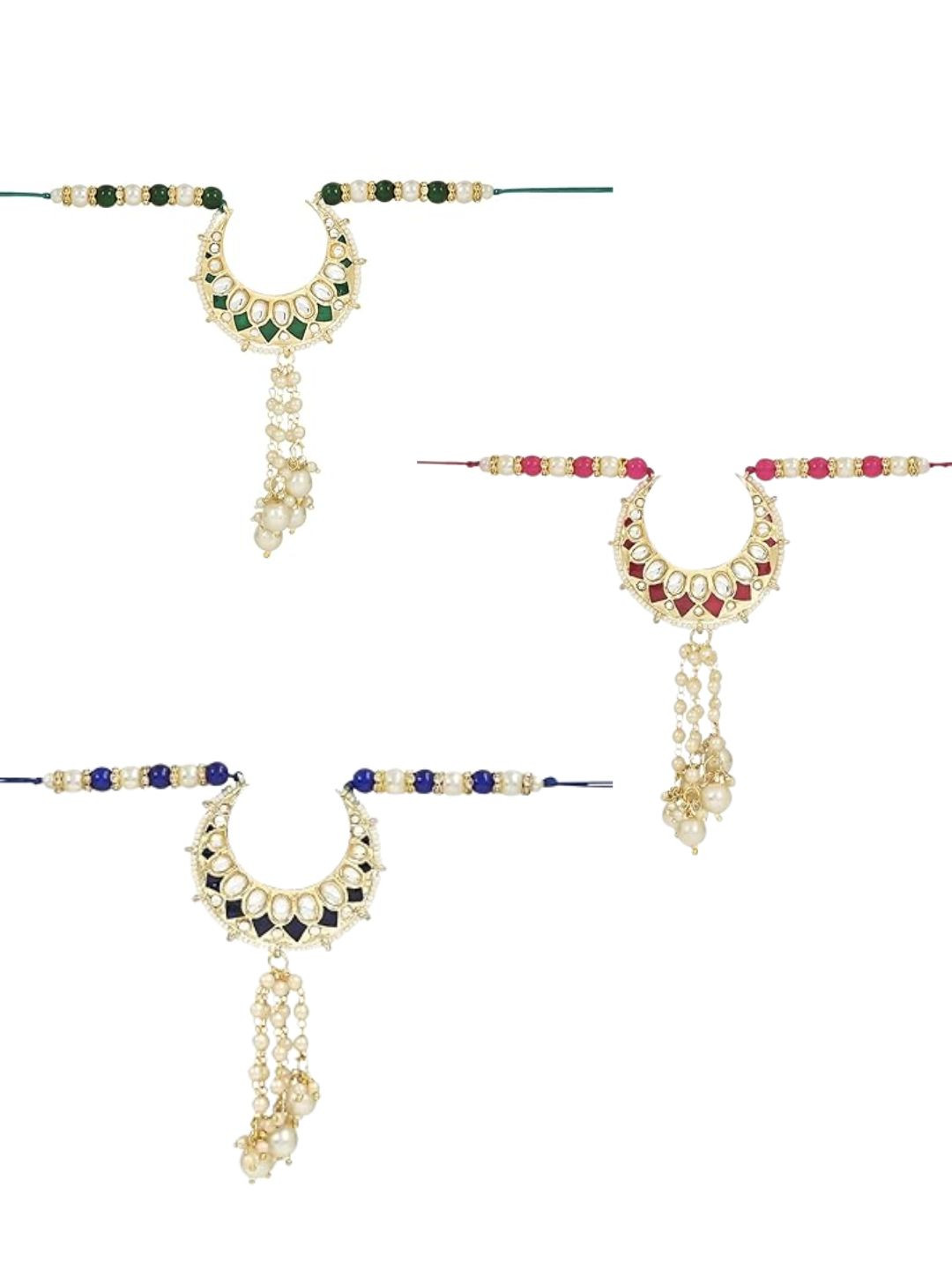 I Jewels Set Of 3 Artificial Stones Studded And Pearls Beaded Lumba Rakhi
