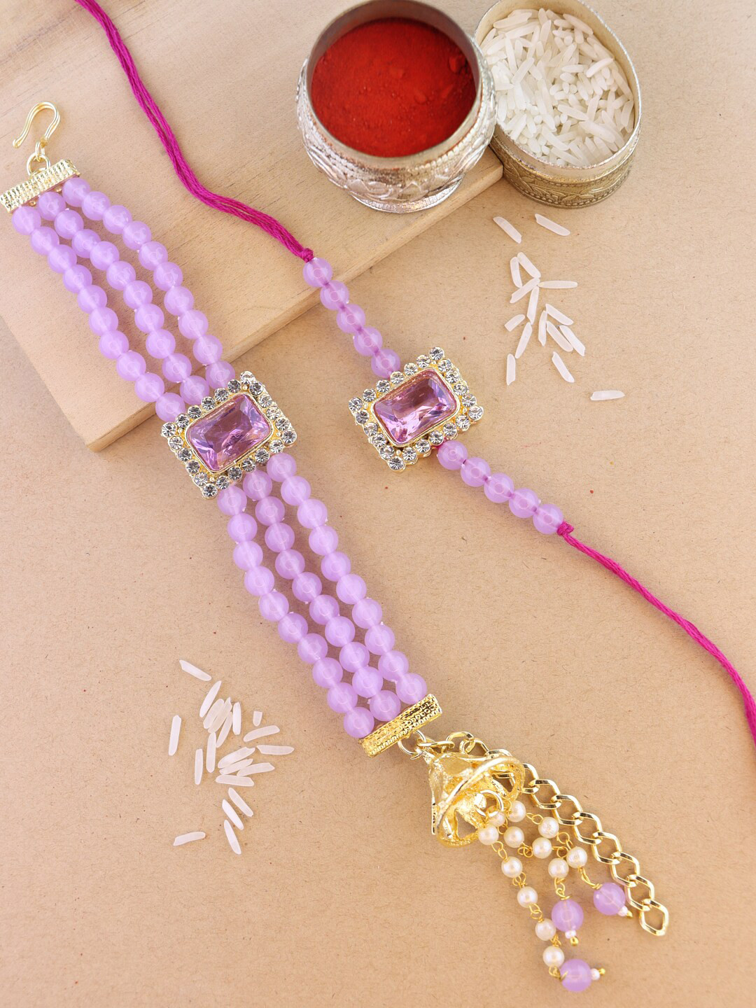 I Jewels Men Kundan & Hanging Lumba Rakhi Combo With Roli Chawal & Greeting Card