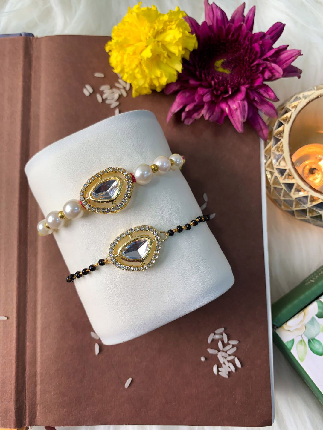 I Jewels Set Of 2 Stone Studded Bhai Bhabhi Mangalsutra Bracelet Rakhi Set