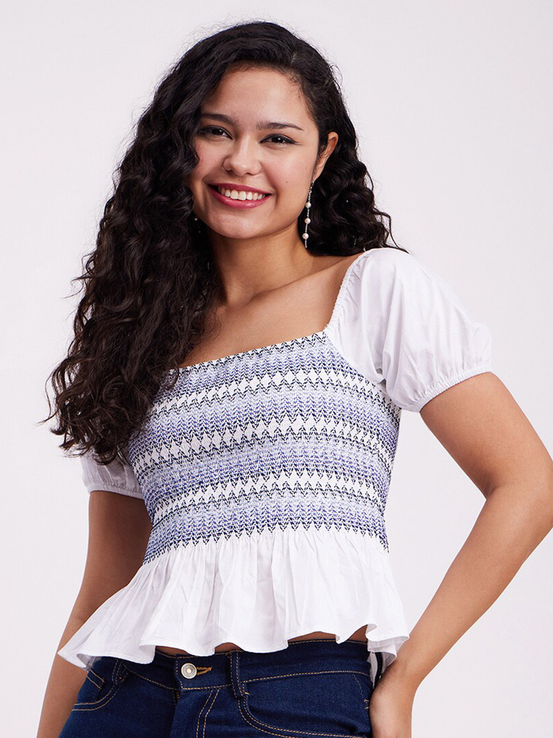 FableStreet Geometric Printed Square Neck Puff Sleeve White Top