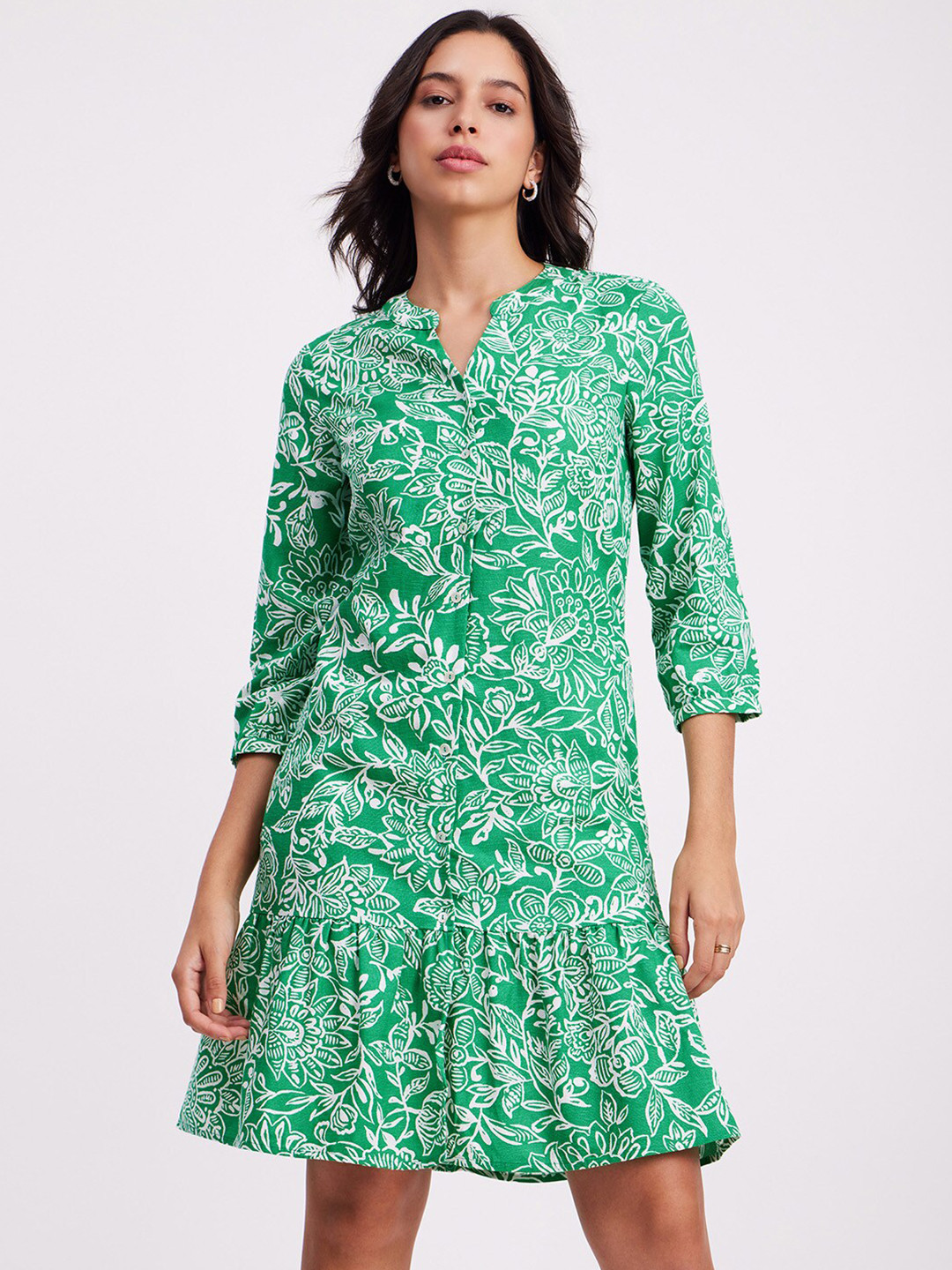 FABLE STREET Floral Printed Mandarin Collar Linen A-Line Dress