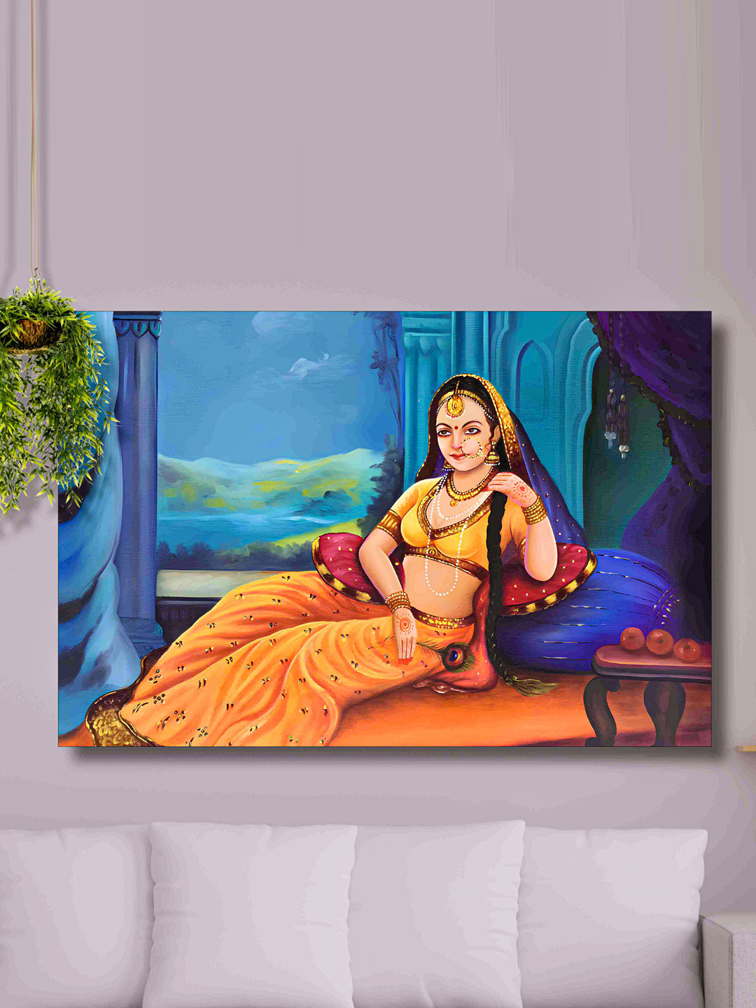 SAF Yellow & Blue Rajasthani Woman Painting Canvas Wall Art