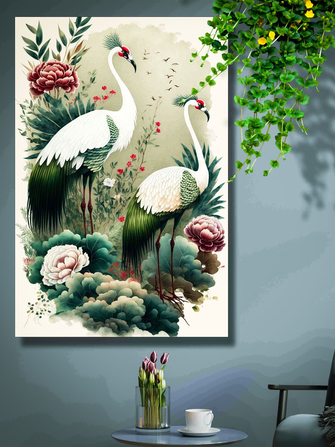 SAF Cream-Colored & Green Flamingo Painting Canvas Wall Art