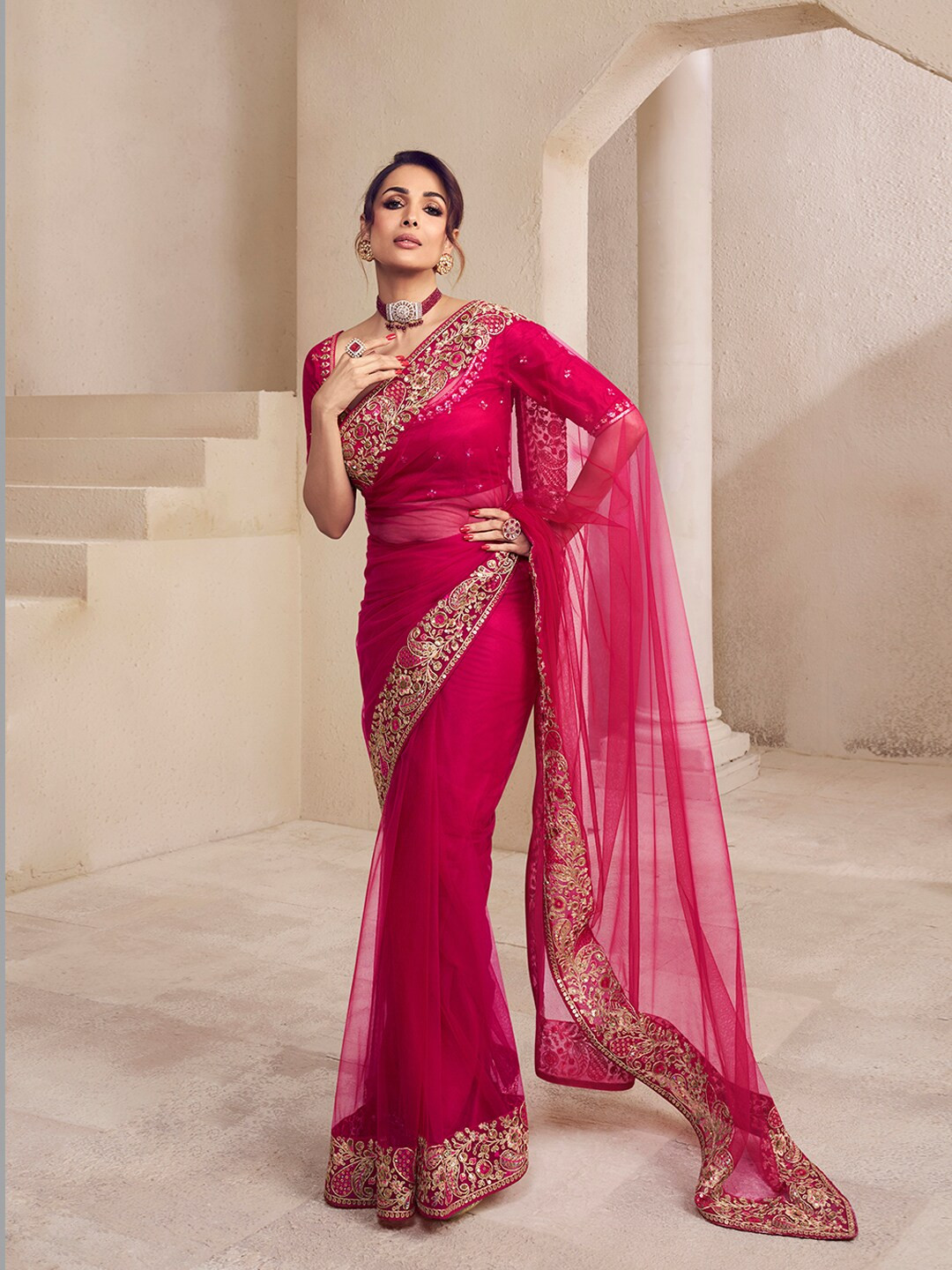 Inddus Floral Sequins and Thread Embroidered Saree with Blouse Piece