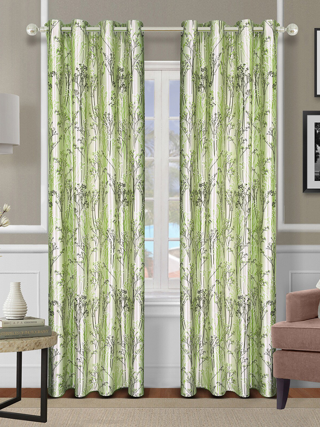 ROMEE Green & Black 2 Pieces Floral Room Darkening Door Curtains