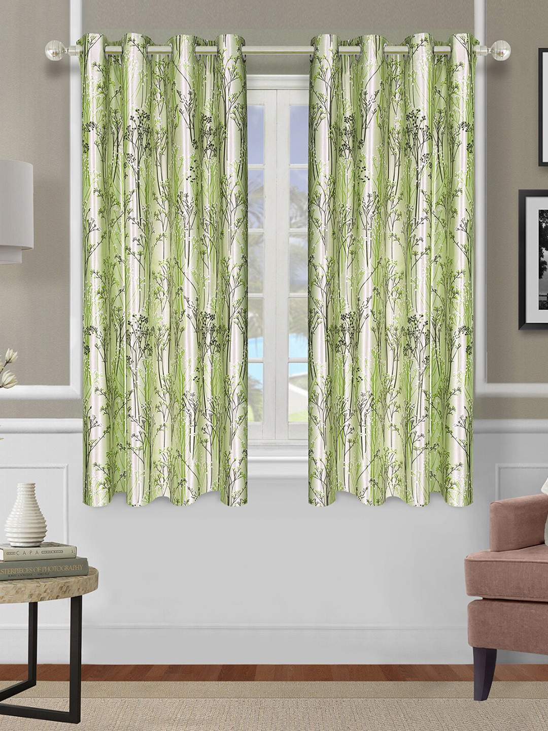 ROMEE Green & White 2 Pieces Floral Room Darkening Window Curtain