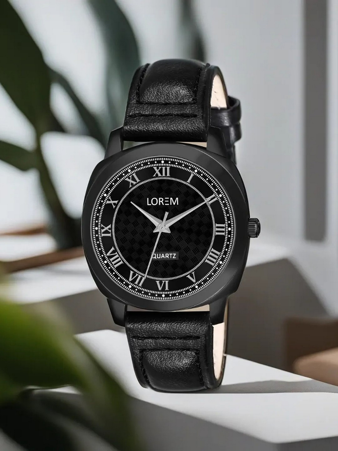 LOREM Brass Dial & Black Leather Straps Analogue Watch LR335