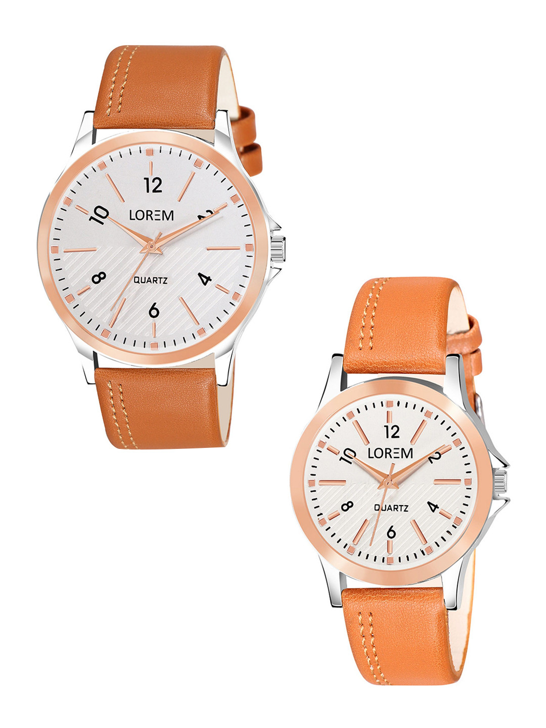 LOREM Unisex Set of 2 Brass Dial & Leather Straps Analogue Couple Watch LR94-LR341
