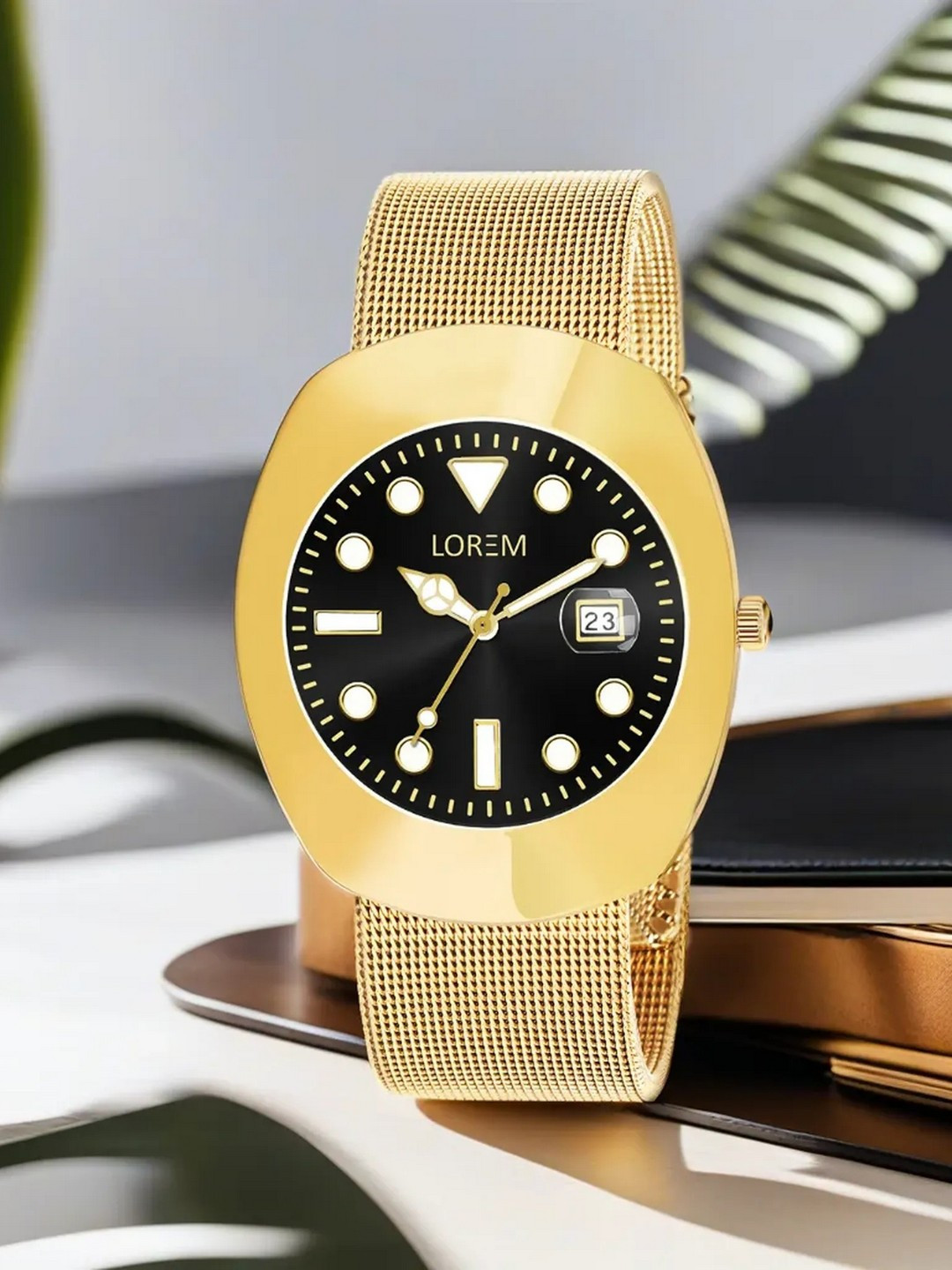 LOREM Men Brass Embellished Dial & Leather Bracelet Style Straps Analogue Watch LR138
