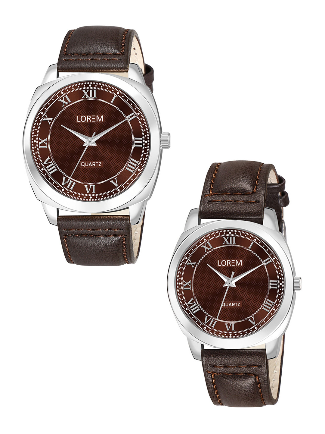 LOREM Unisex Set of 2 Brass Printed Dial & Leather Textured Straps Watch LR91-LR338