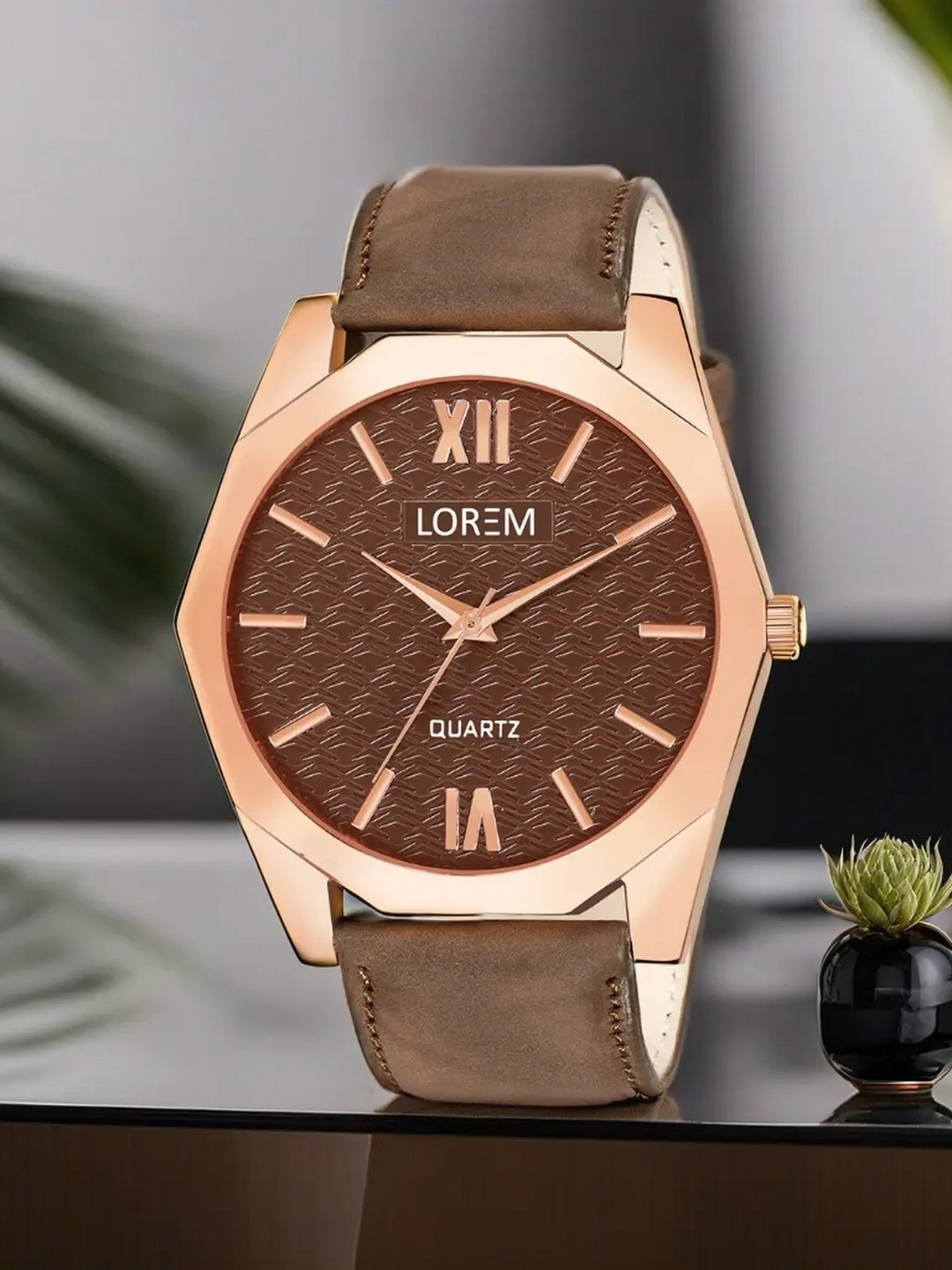 LOREM Men Brass Dial & Leather Straps Analogue Watch LR83