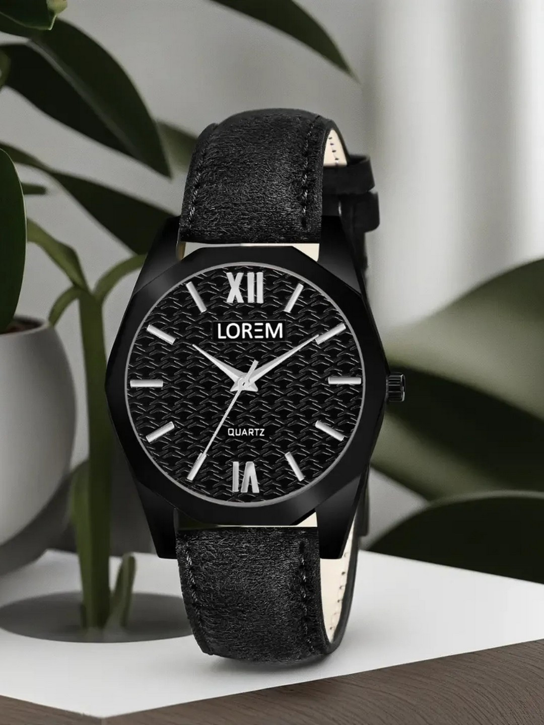 LOREM Women Brass Dial & Black Leather Straps Analogue Watch LR329
