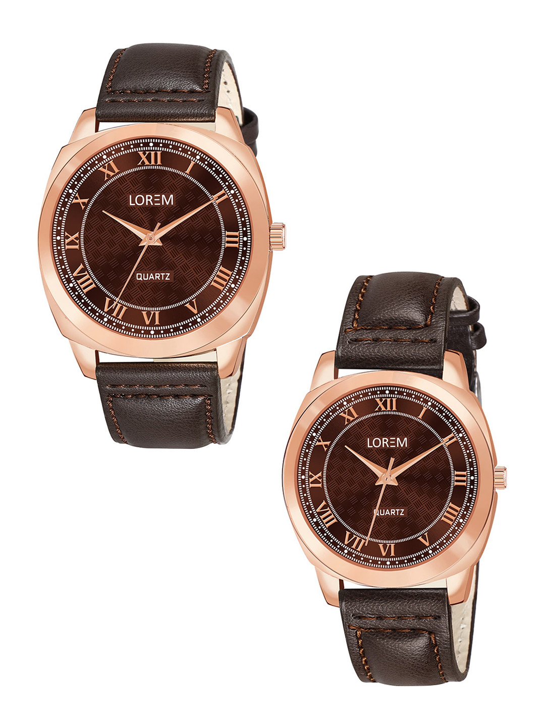 LOREM Unisex Set Of 2 Brass Dial & Leather Textured Straps Analogue Watch LR89-LR336