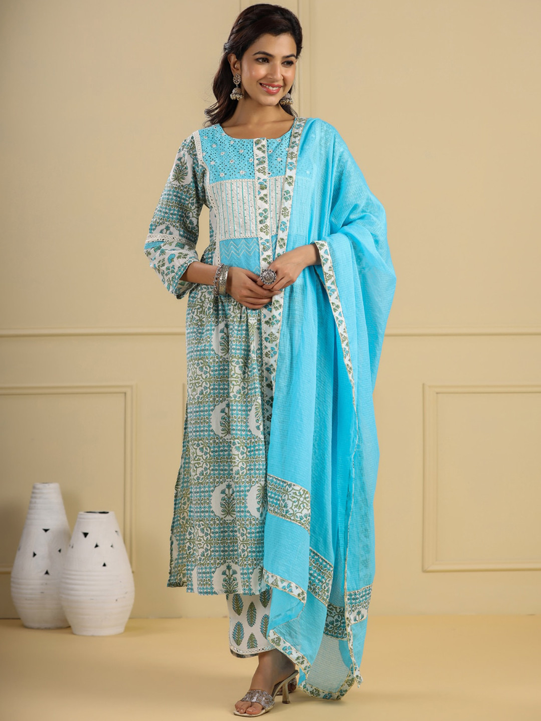 Readiprint Floral Printed Pure Cotton A-Line Kurta with Palazzos & Dupatta