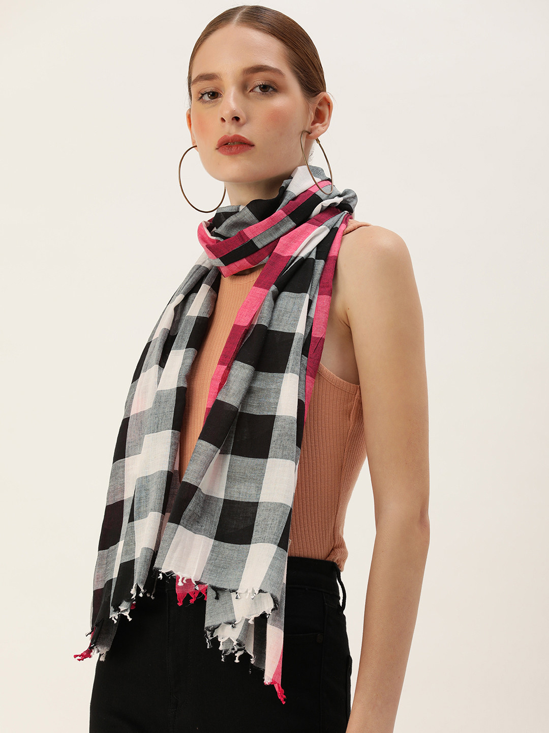 ASVA Women Frayed Checked Scarf