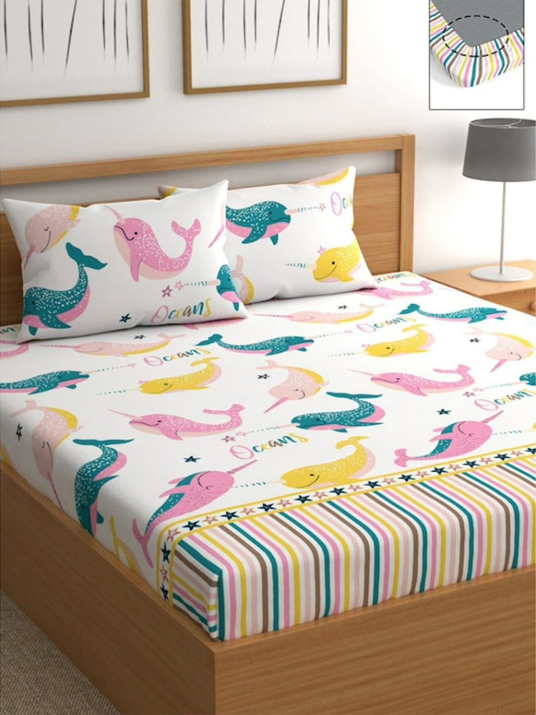 Bajo's White Graphic Cotton 250 TC Fitted King Fine Bedsheet with 2 Pillow Covers-102 x 102 inches