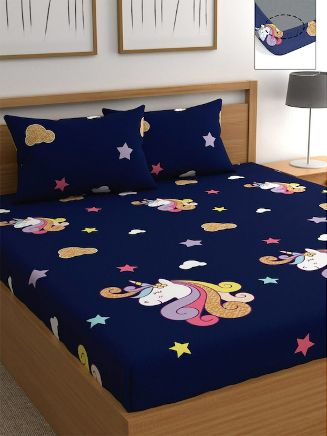 Bajo's Navy Blue Cartoon Characters Cotton 250 TC Fitted King Fine Bedsheet with 2 Pillow Covers-98 x 106 inches