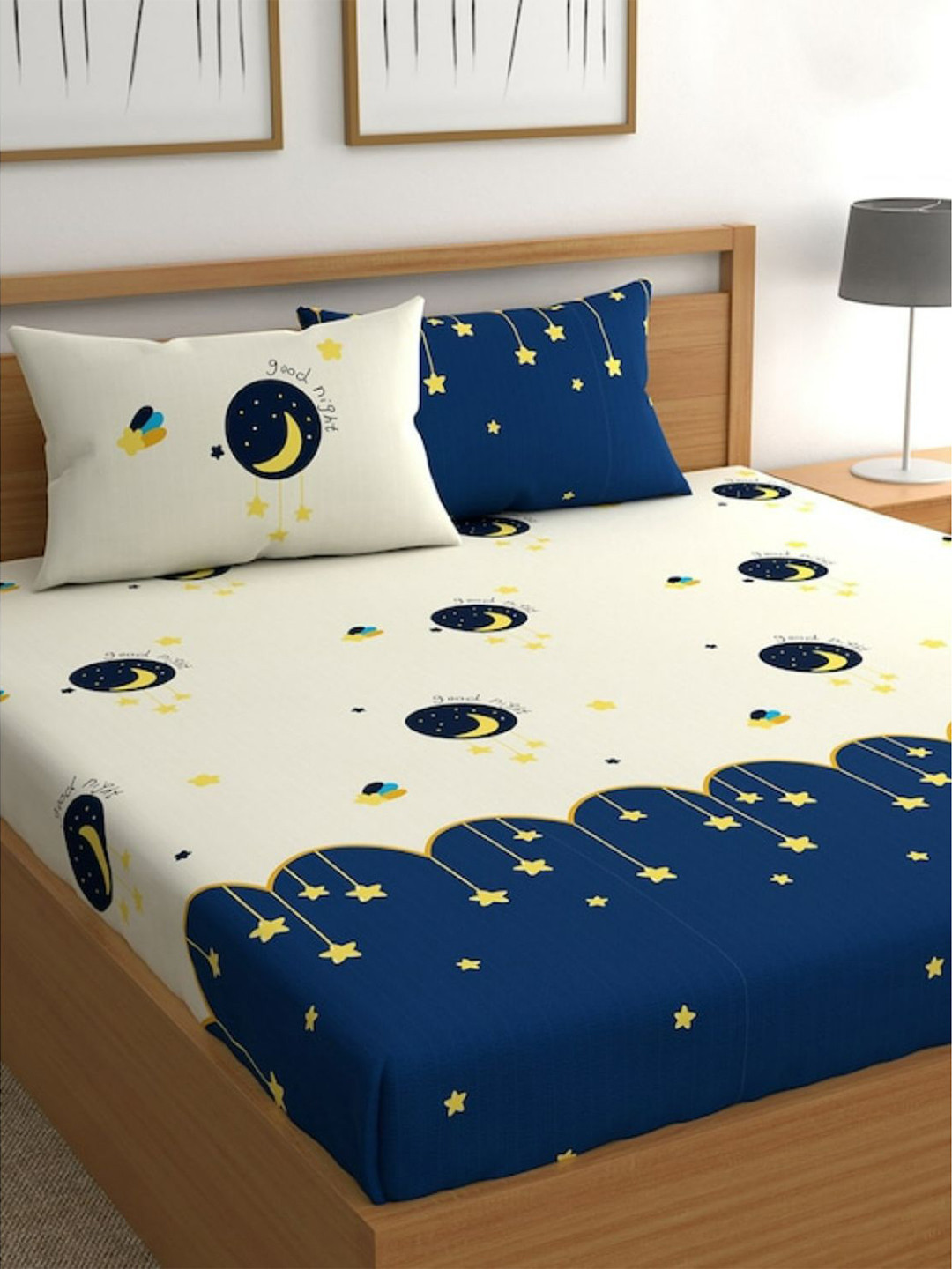Bajo's Cream Conversational Cotton 250 TC Fitted King Fine Bedsheet with 2 Pillow Covers-102 x 102 inches