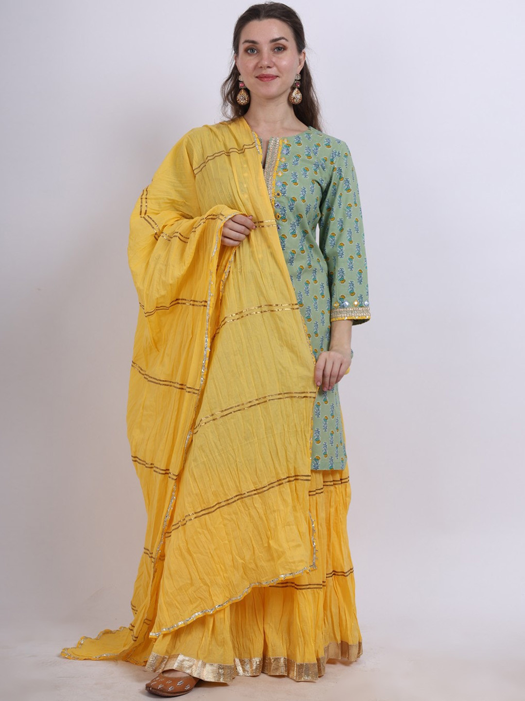 Spring Soul Floral Printed Mirror Work Regular Pure Cotton Kurta With Sharara & Dupatta