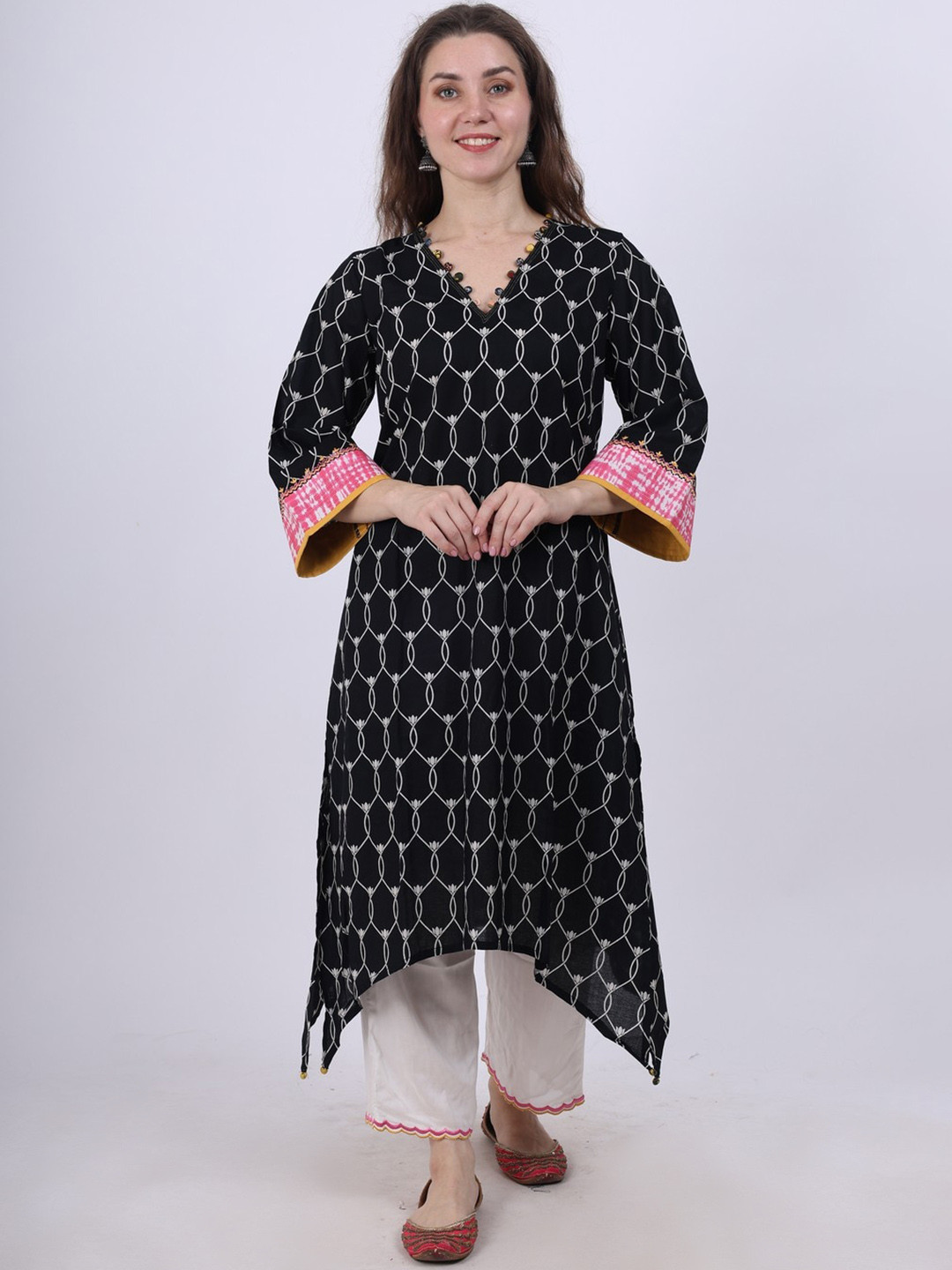 Spring Soul Floral Printed V-Neck Pure Cotton A-Line Kurta with Trousers