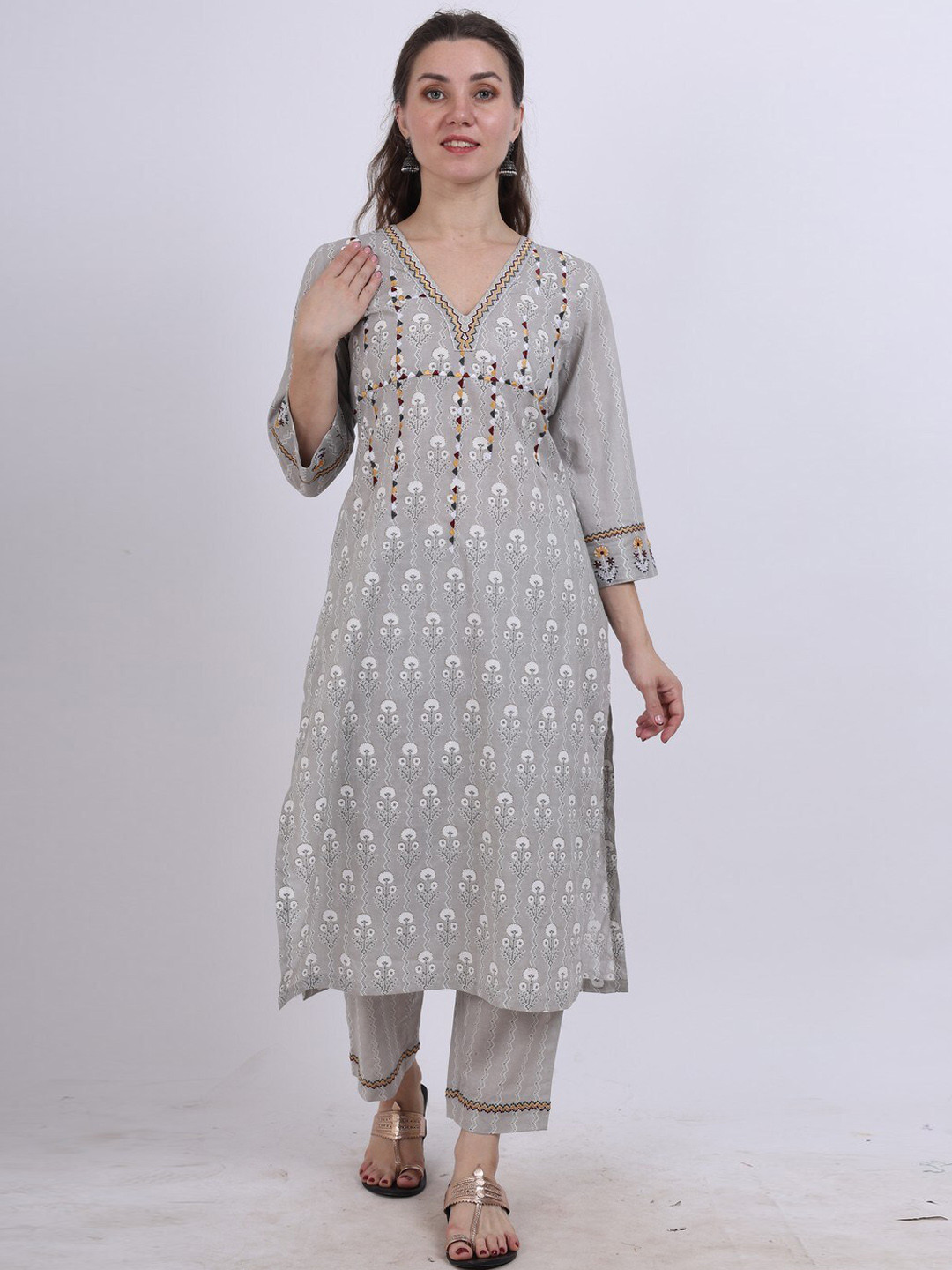 Spring Soul Floral Printed Thread Work Pure Cotton Kurta with Trousers
