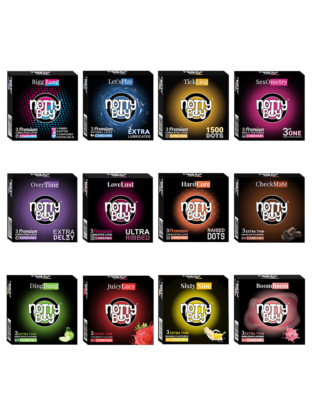 noTTy Boy Set of 12 Honeymoon Flavoured Condoms-3Pcs each