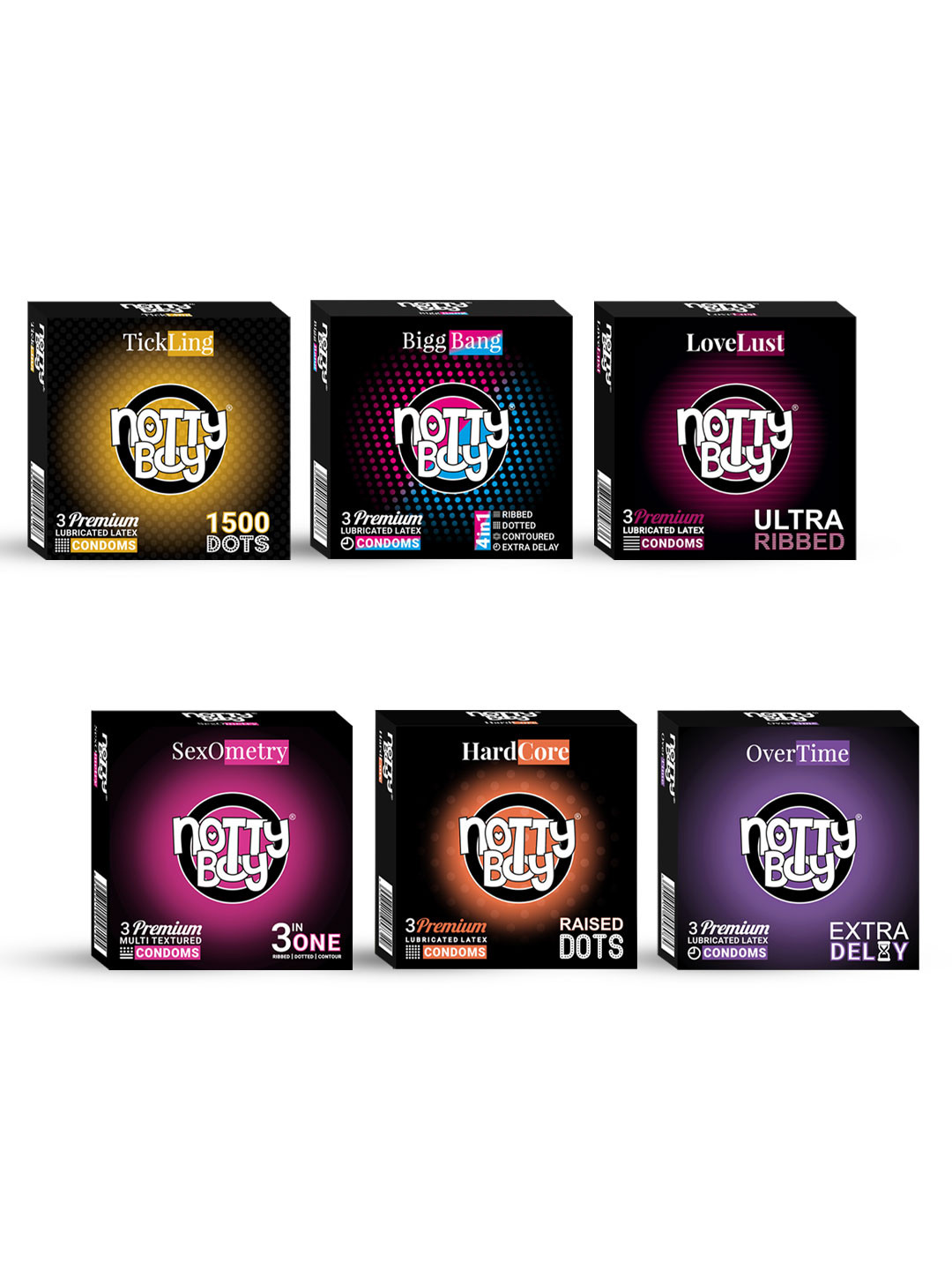 noTTy Boy Set Of 6 - 4IN1 & 3IN1 Super Big Dots Contour Long Lasting Condoms 3 Pcs Each