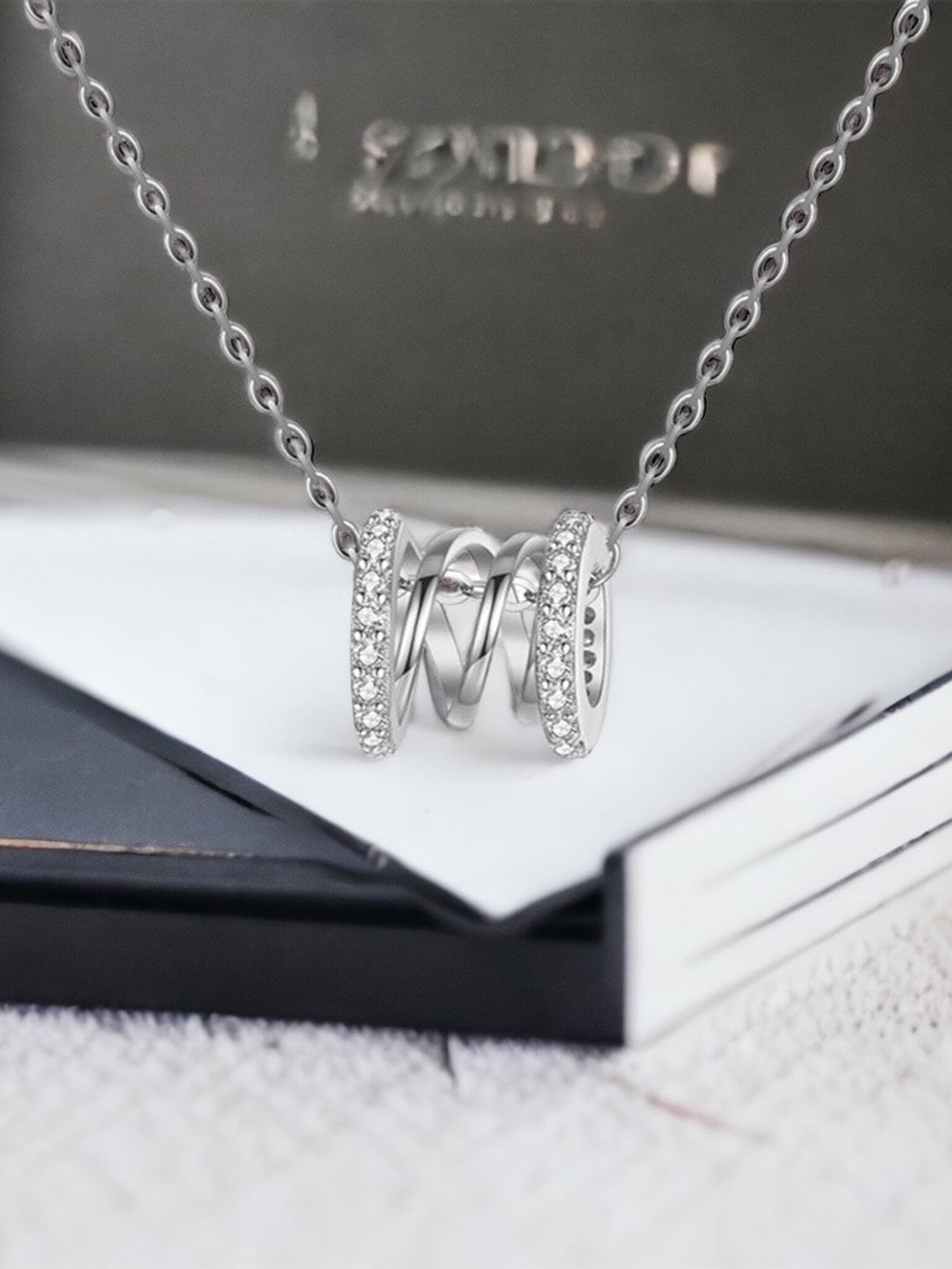 MYKI Silver-Plated White CZ-Studded Round-Charm Pendant