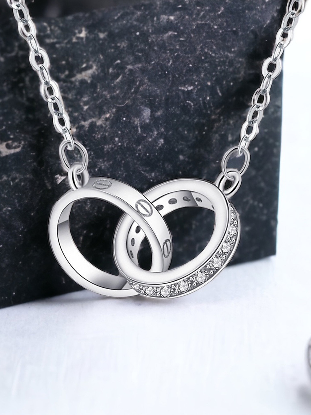 MYKI Silver-Plated Interlock CZ Stone Studded Pendant Chain